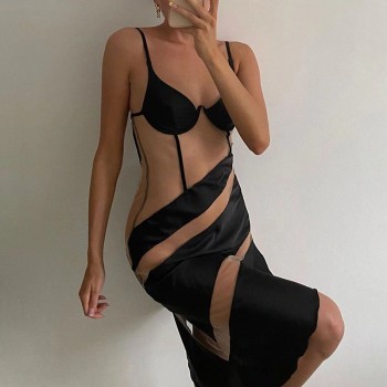 Cryptographic Fashion Stripe Mesh Sheer Midi Dress Straps 2020 Fall Backless Sleeveless Women's Dresses Split V-Neck Black Dress